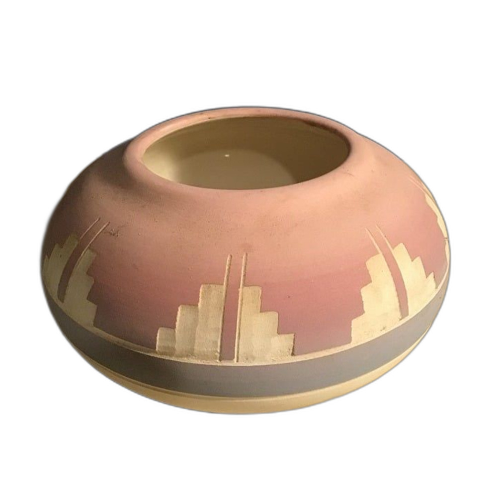 Vintage Sioux Native American Etched Pottery Bowl - Pink & Grey Ombre Signed